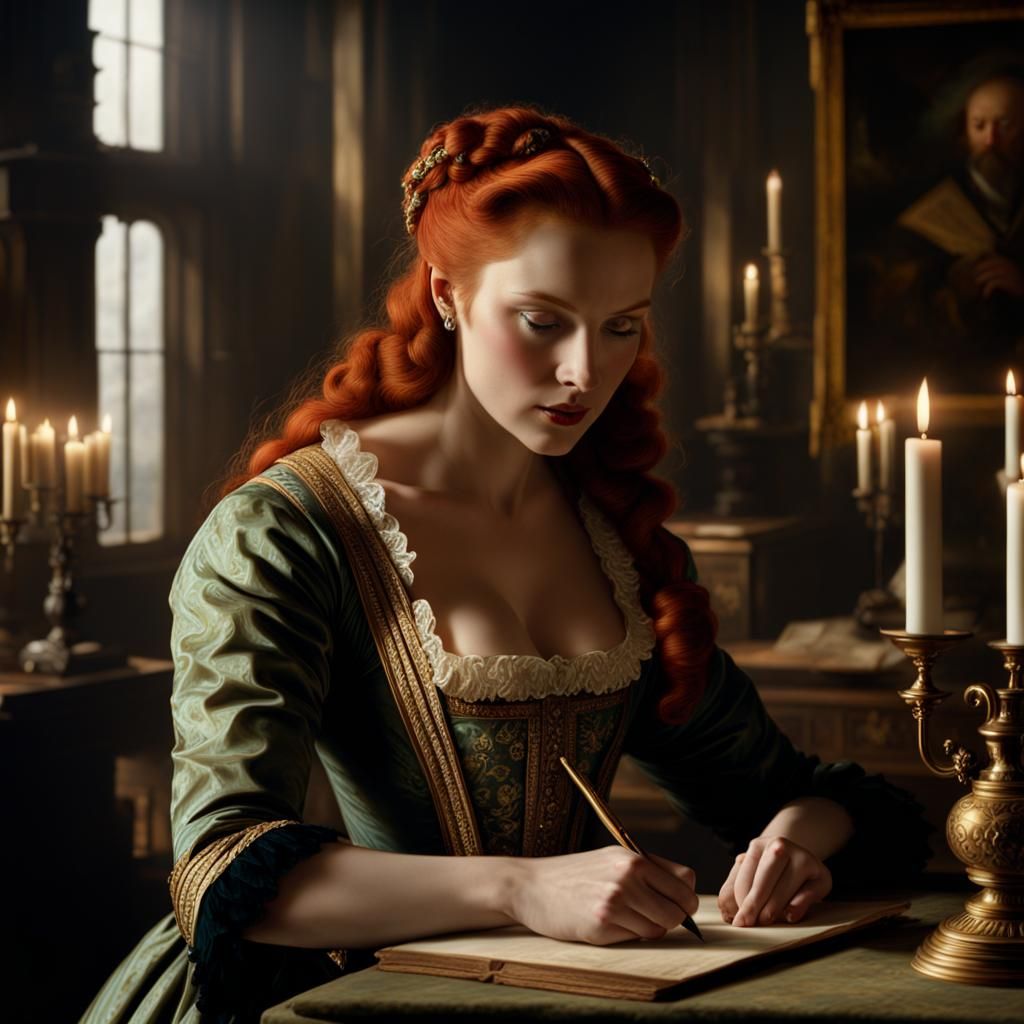 Redheaded Girl Writing Letter: 1750s Digital Portrait