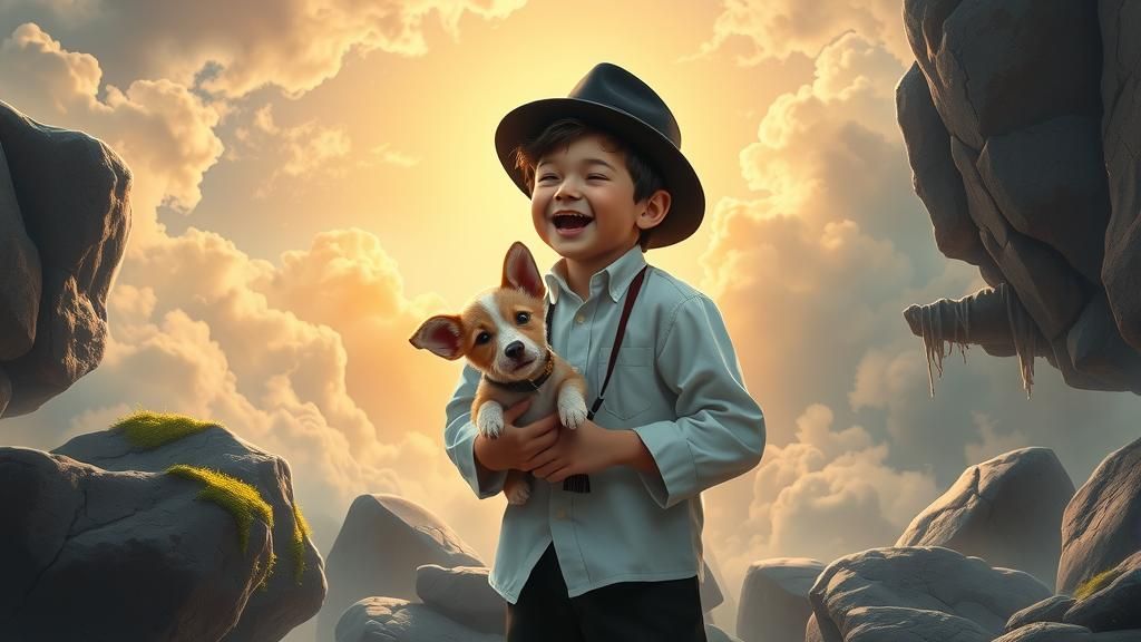 Jewish Boy with Puppy in Dreamlike Landscape