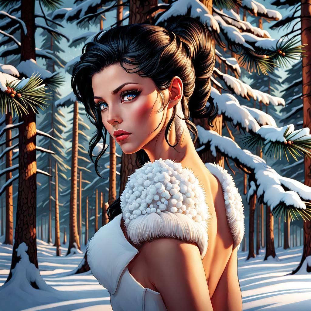 Sunset Over Snowy Pine Forest: Digital Painting