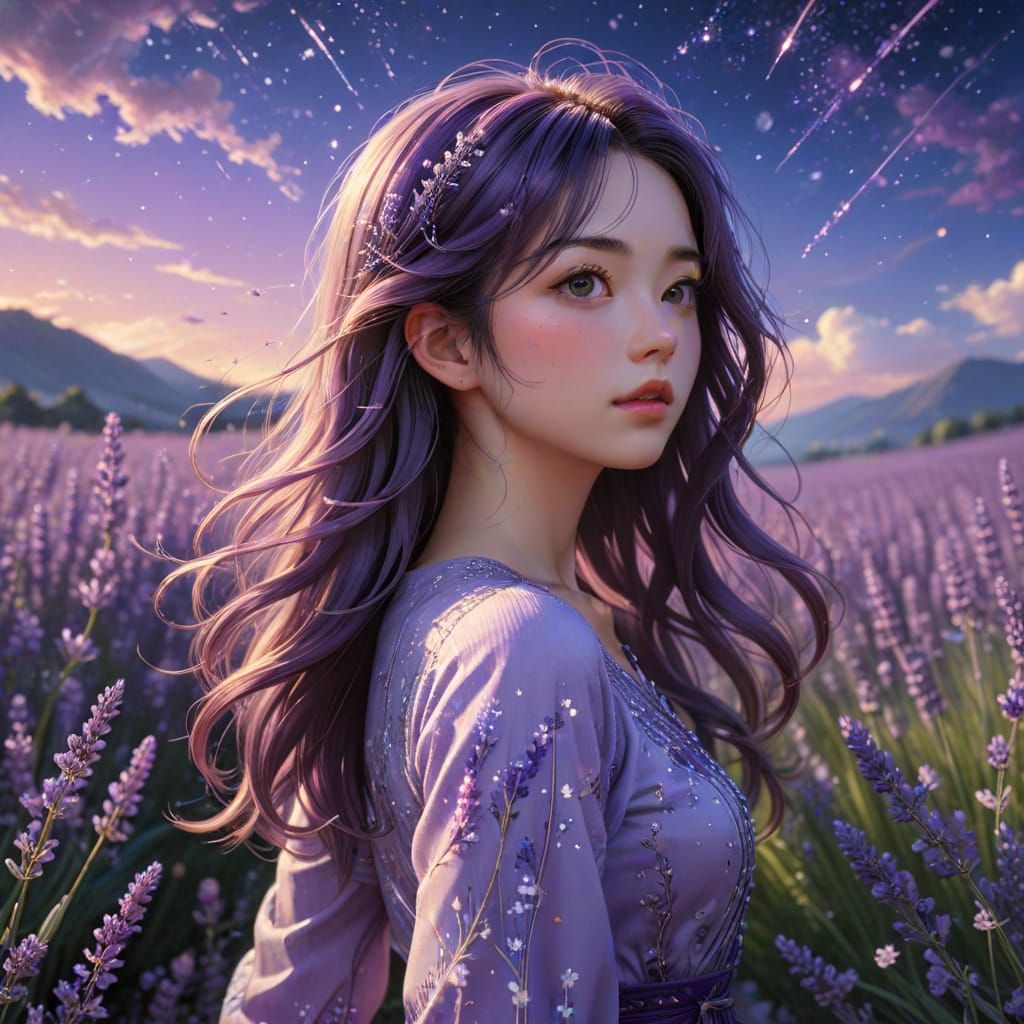 Anime Woman Gazing at Stars in Lavender Field