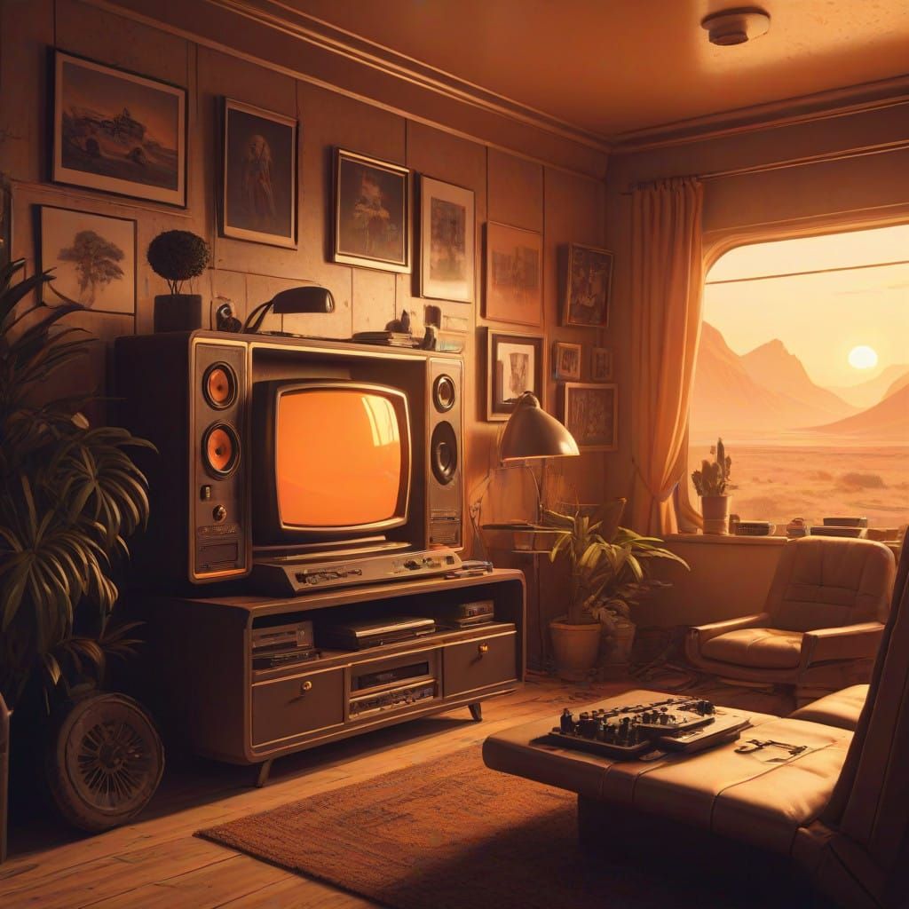 Warm Retro Gaming Console in a Futuristic Den