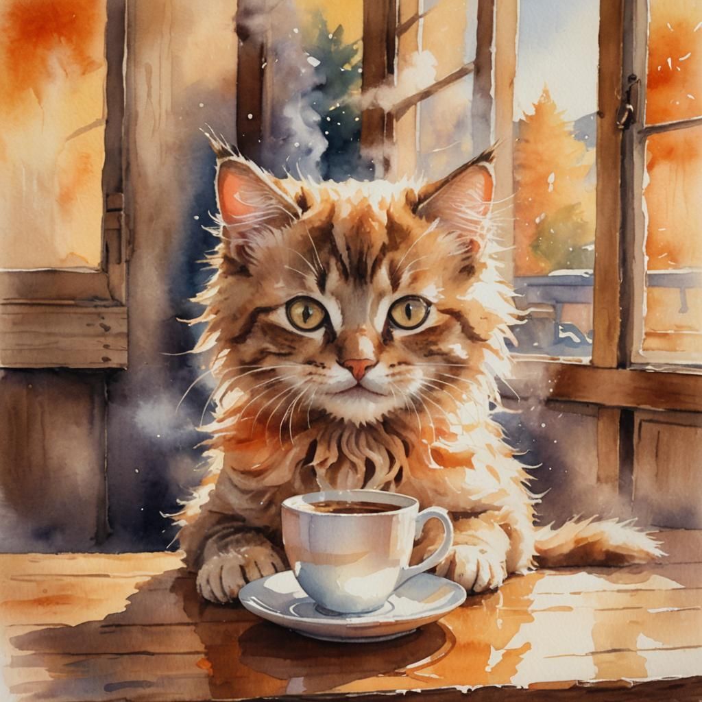 Watercolor Kitten Portrait with Coffee in Fauvist Style