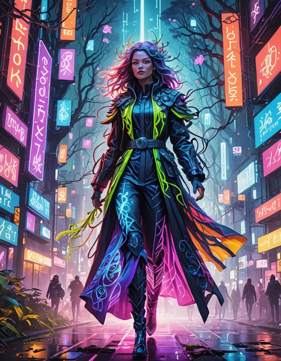 Neon Mystical Beauty in Futuristic Enchanted Forest