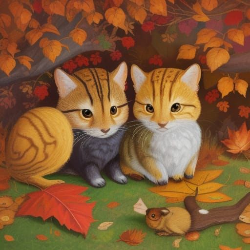 Woodland Animals Play in Autumn Leaves Oil Painting