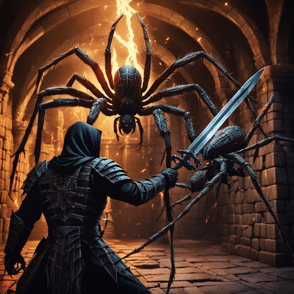 Warrior Slaying Spider in Dark Castle: Fantasy Illustration
