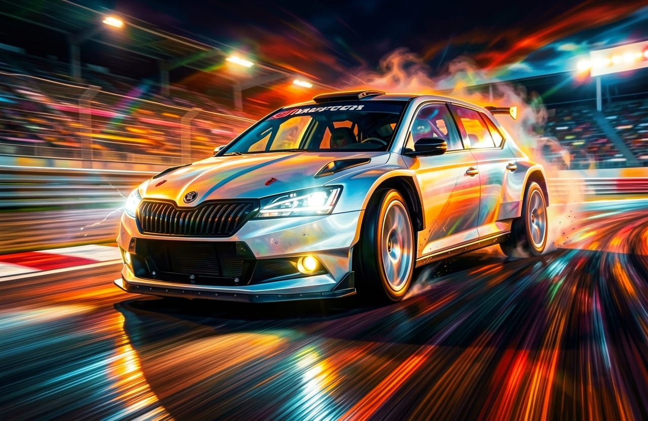 Škoda Fabia Rally2 Speeds Through Neon Circuit