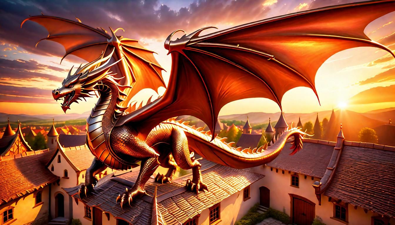 Copper Eastern Dragon Flying Over Medieval Village