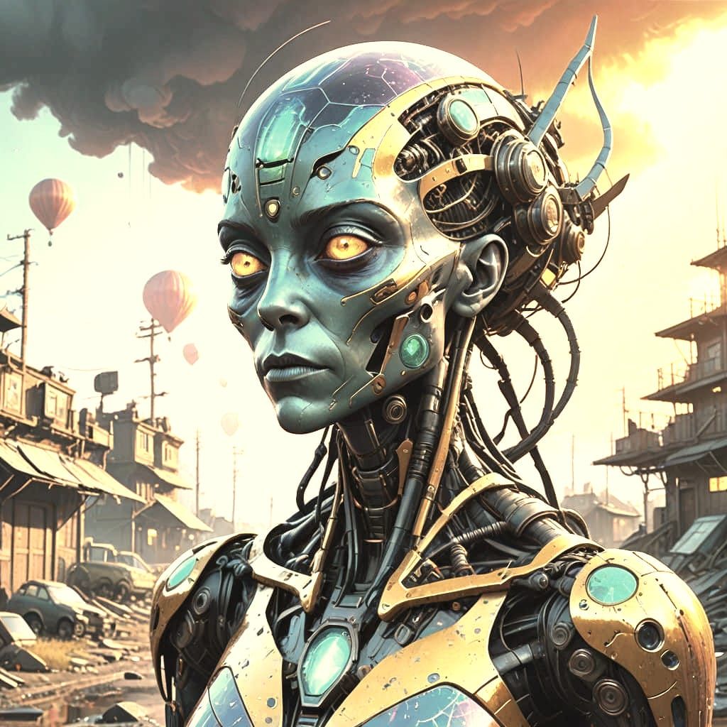 Cyberpunk Alien Goddess Basks in Hyperrealistic Sunset