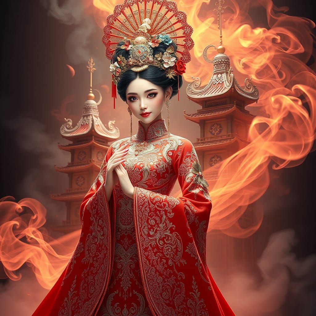 Beautiful Woman in Baba-Nyonya Costume: 3D Anime Art