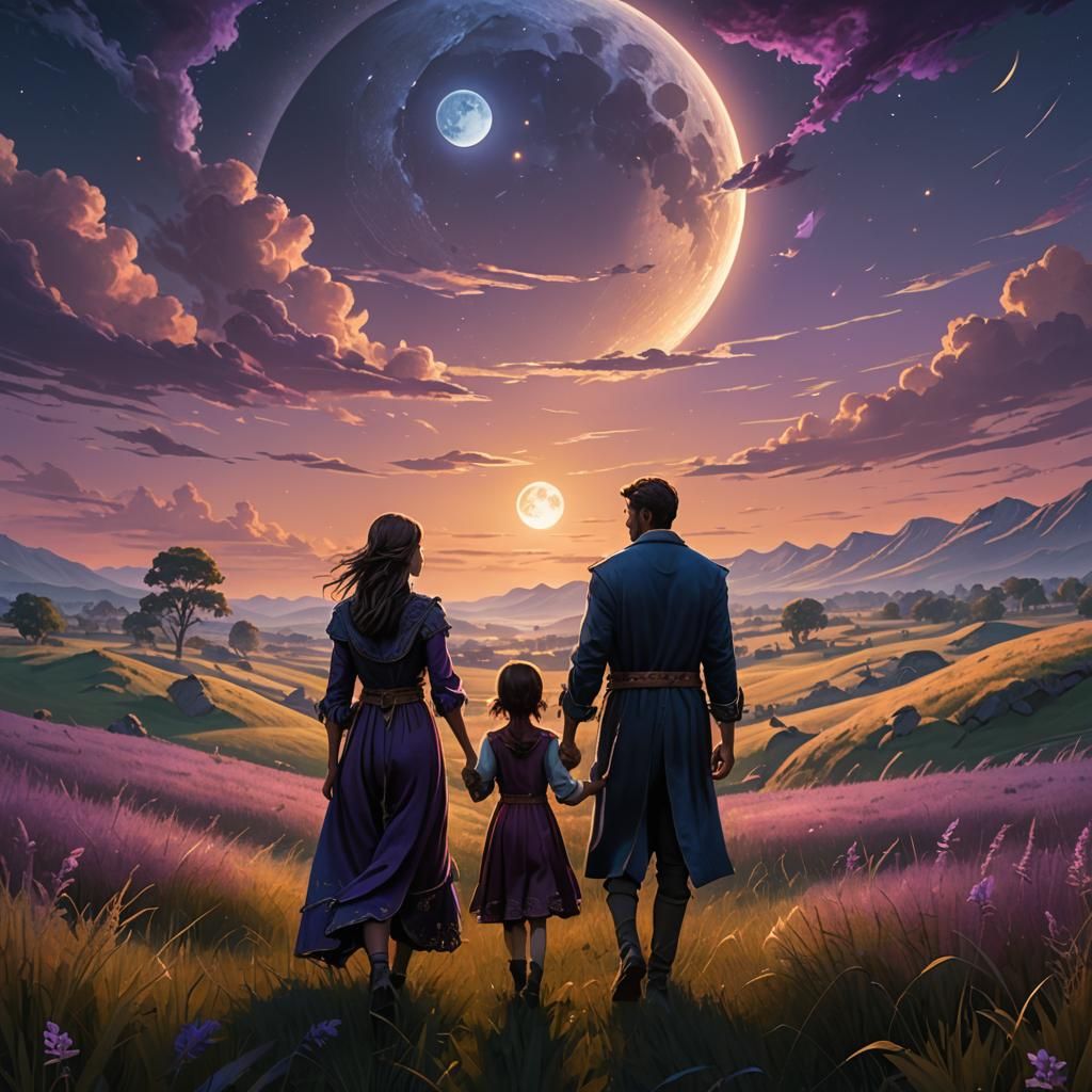 Couple Holding Hands Under Starry Sky in Fantasy Art