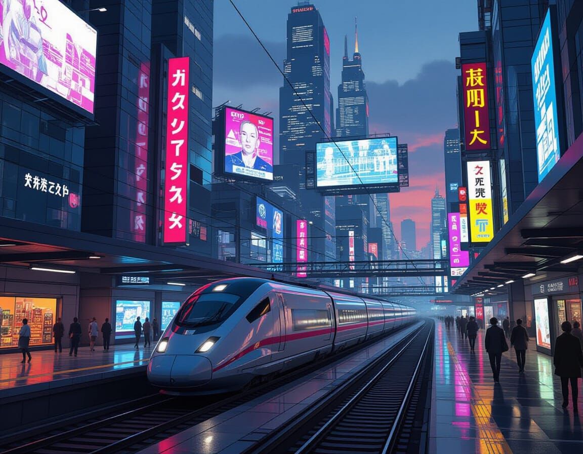 Cyberpunk Metropolis Train Station at Dusk