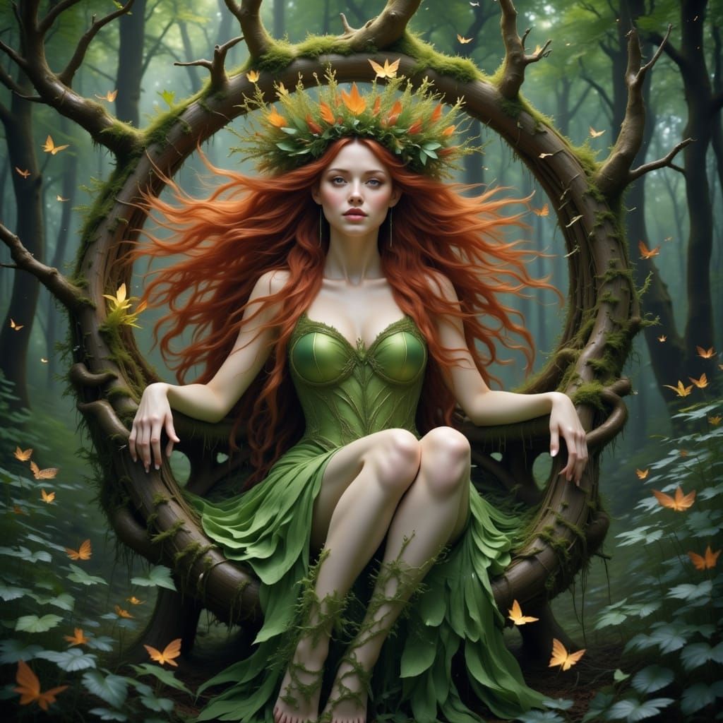 Regal Forest Queen with Vine Crown in Art Nouveau Style