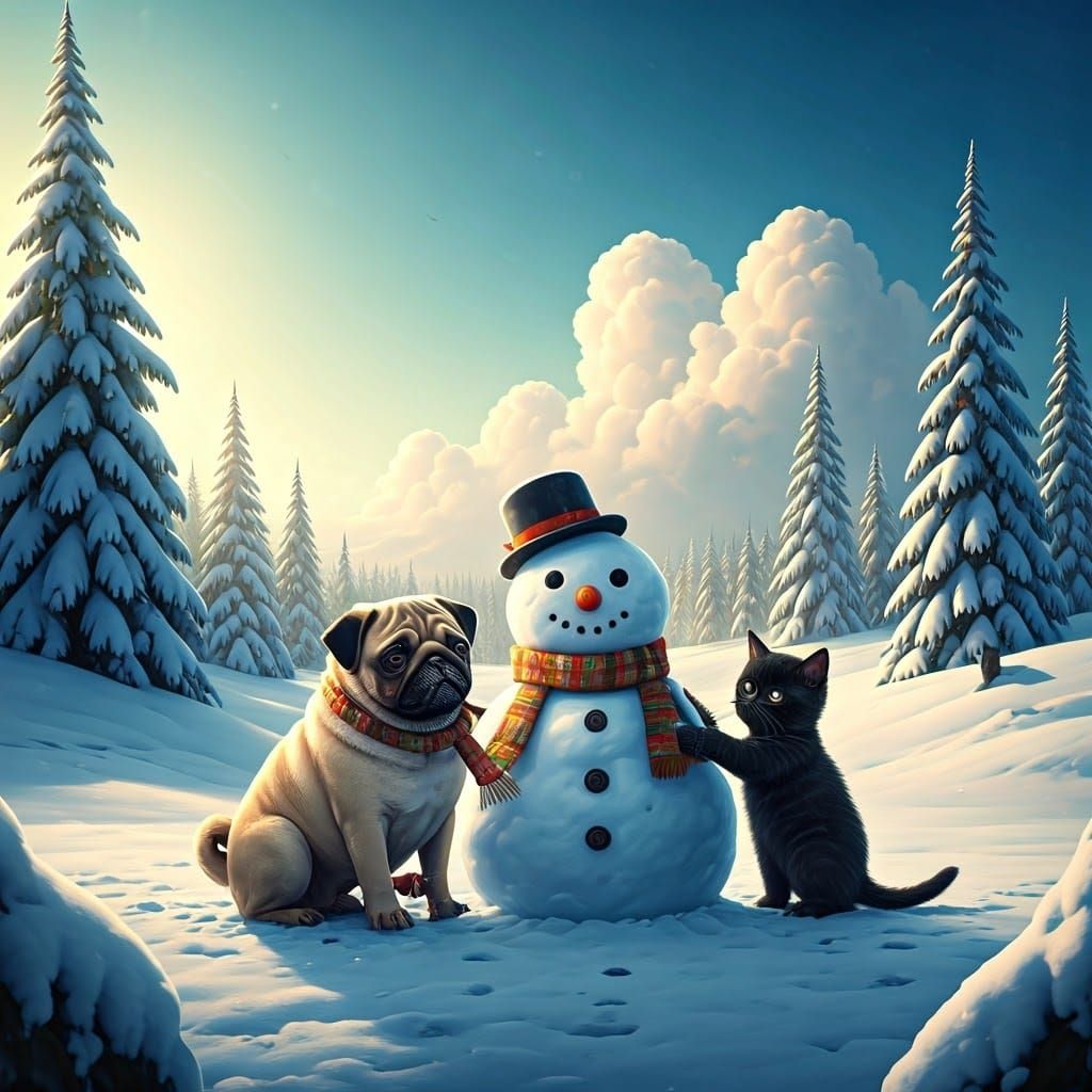 Pug and Kitten Build a Snowman in Winter Wonderland