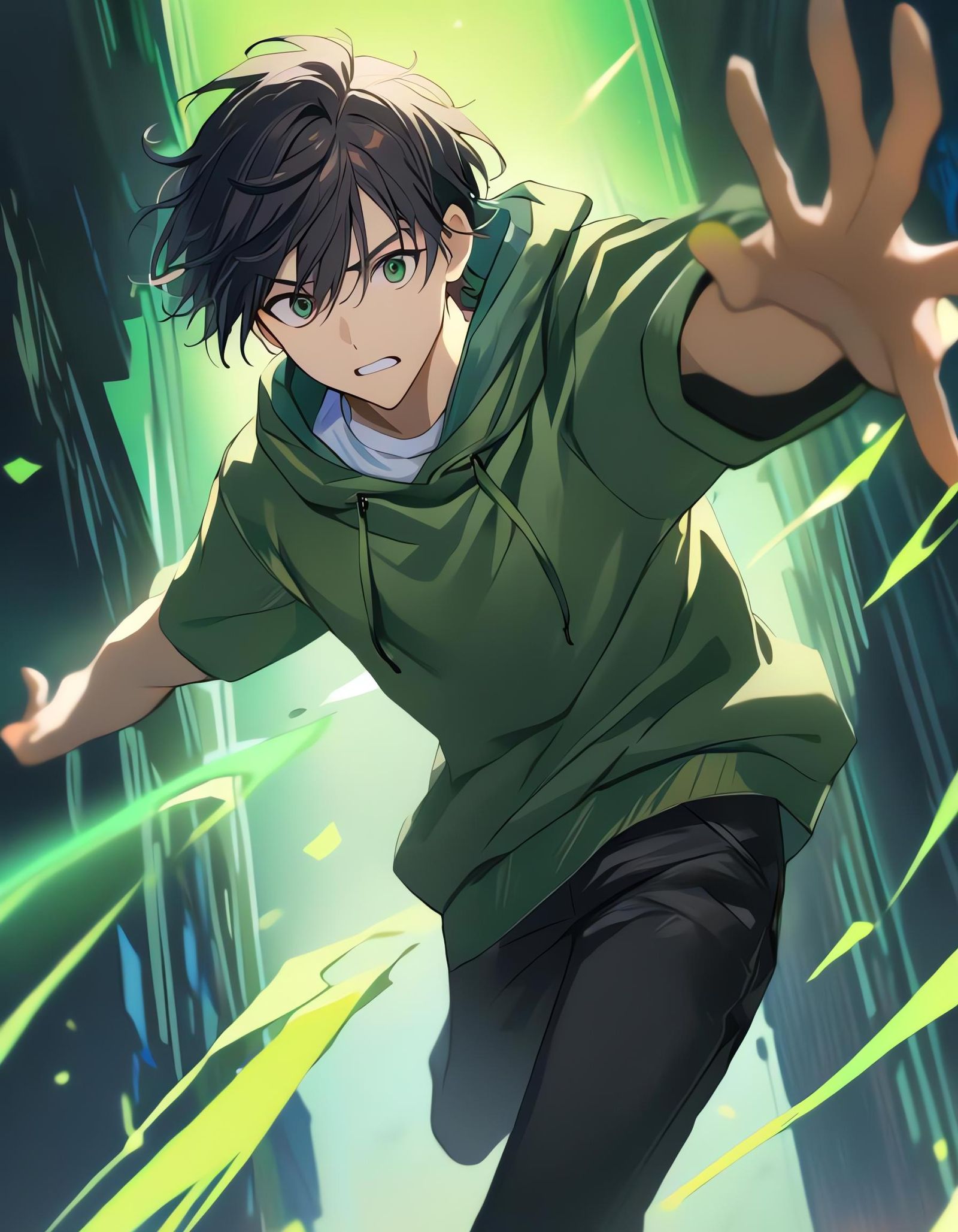 Falling Boy in Green Hoodie