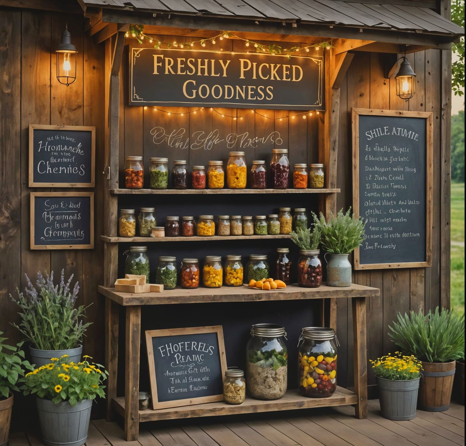Rustic Farm Stand with 'Freshly Picked Goodness' Sign
