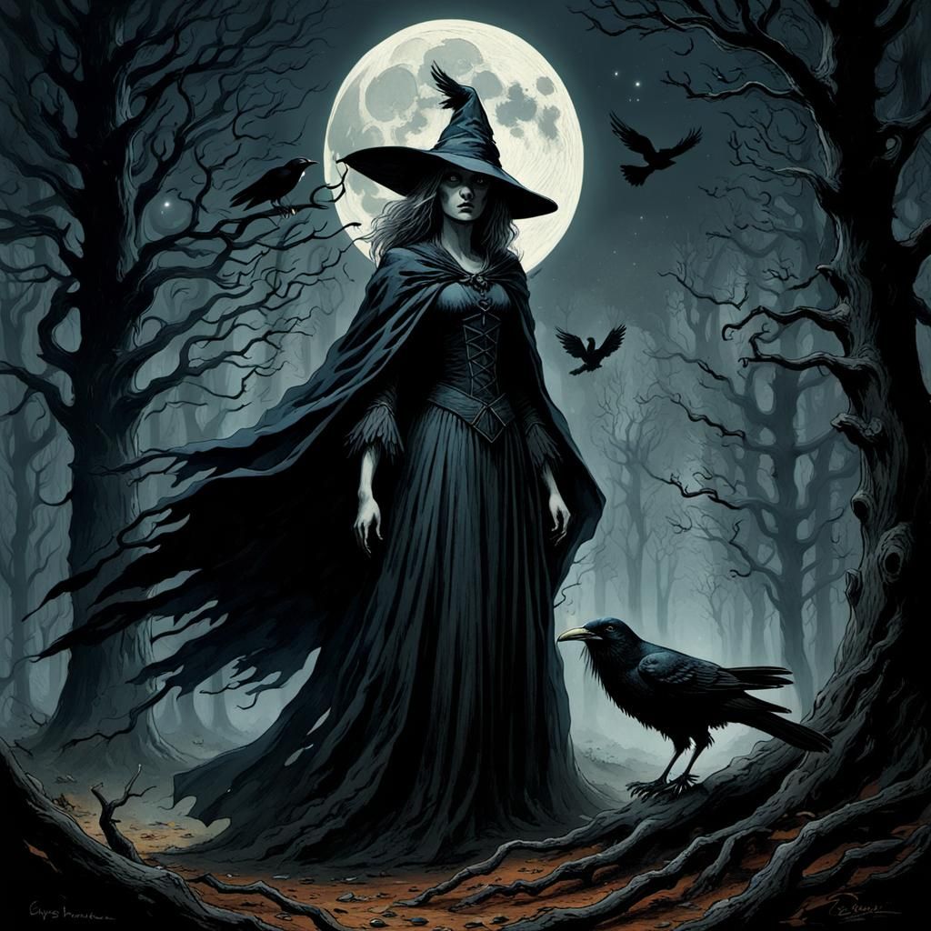 Creepy Witch in Dark Woods with Raven
