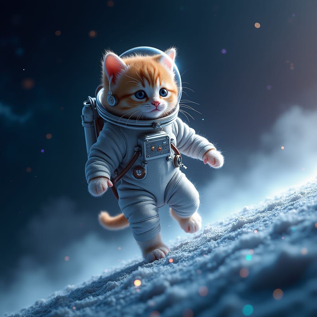 a vibrant, animated, super cute, kitten with a tiny space su...