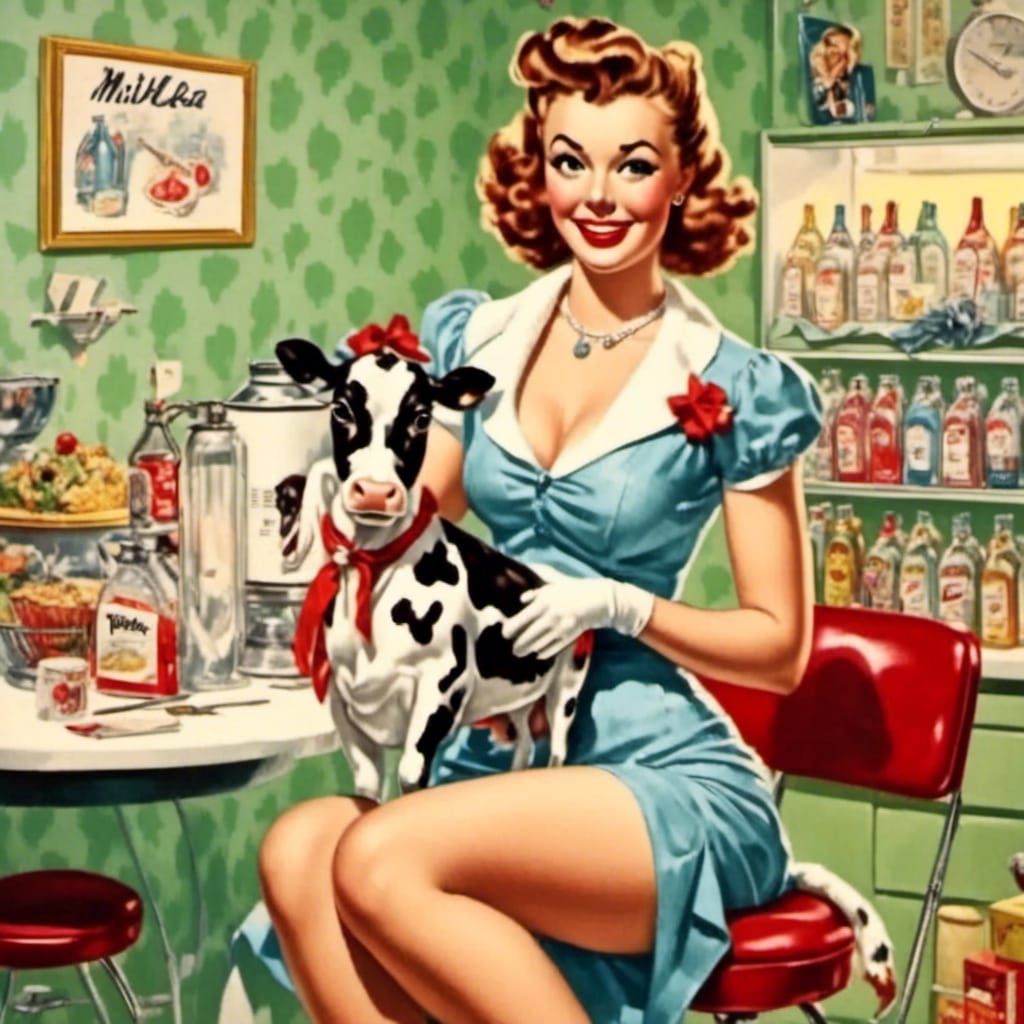 An anthropomorphic <lora:Anthros:1.0> cow as a model in a pinup <lora:Pinup:0.5> advertisement for milk