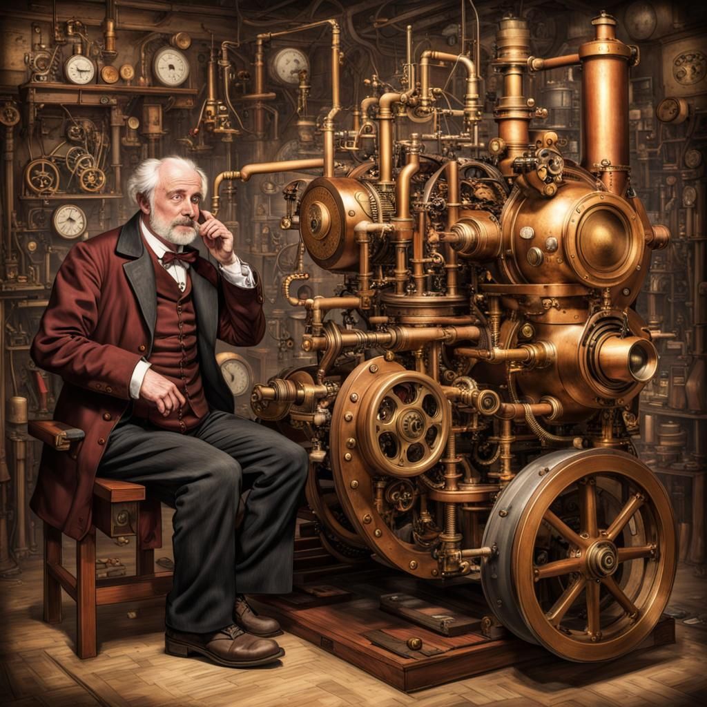 Steampunk Machine and Inventor in Detailed Illustration