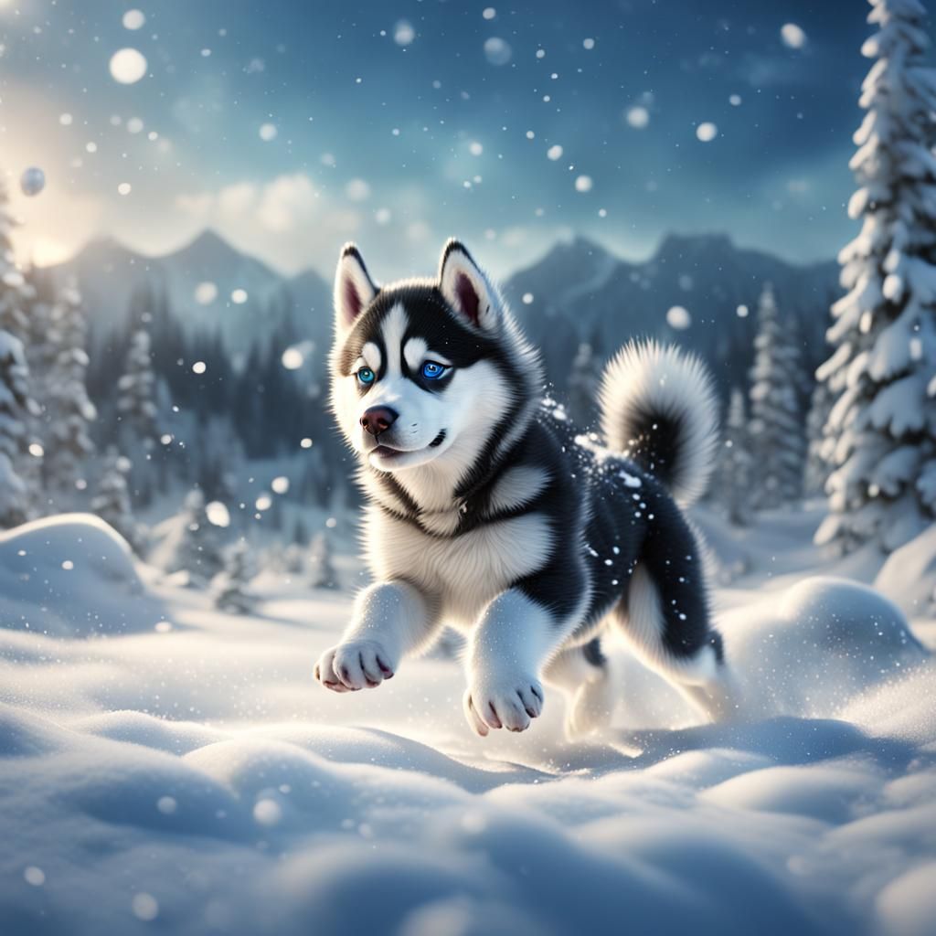 Siberian Husky Puppy Plays in Winter Snow, Digital Art