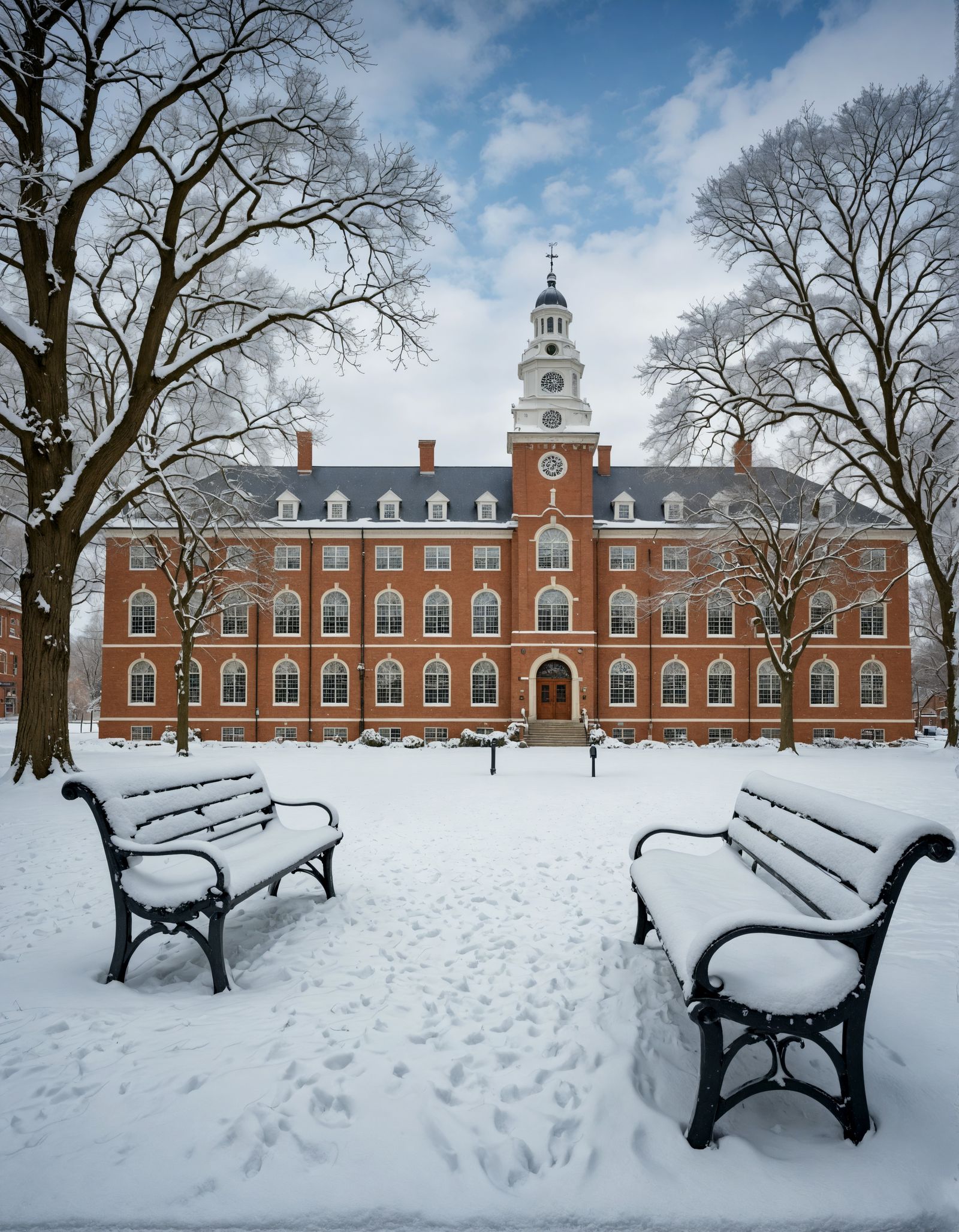 Snowy College Campus in Hyperrealistic Style