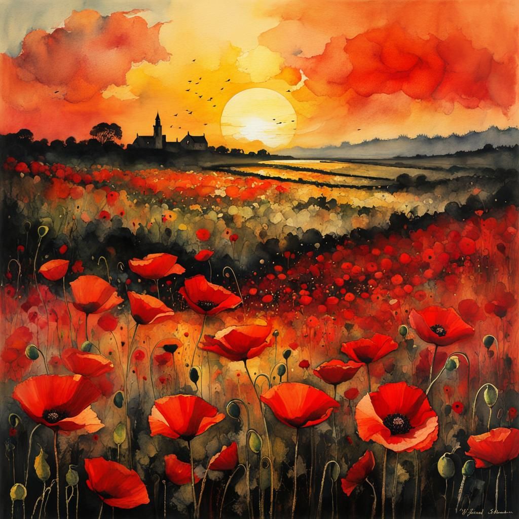 Sunset Poppy Field: Stylized Watercolor Art