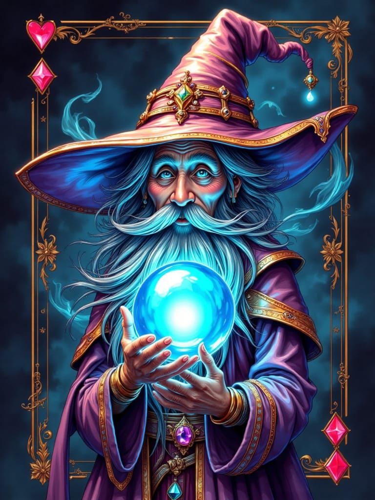 Cartoon Wizard Card with Neon Colors and 3D Shading