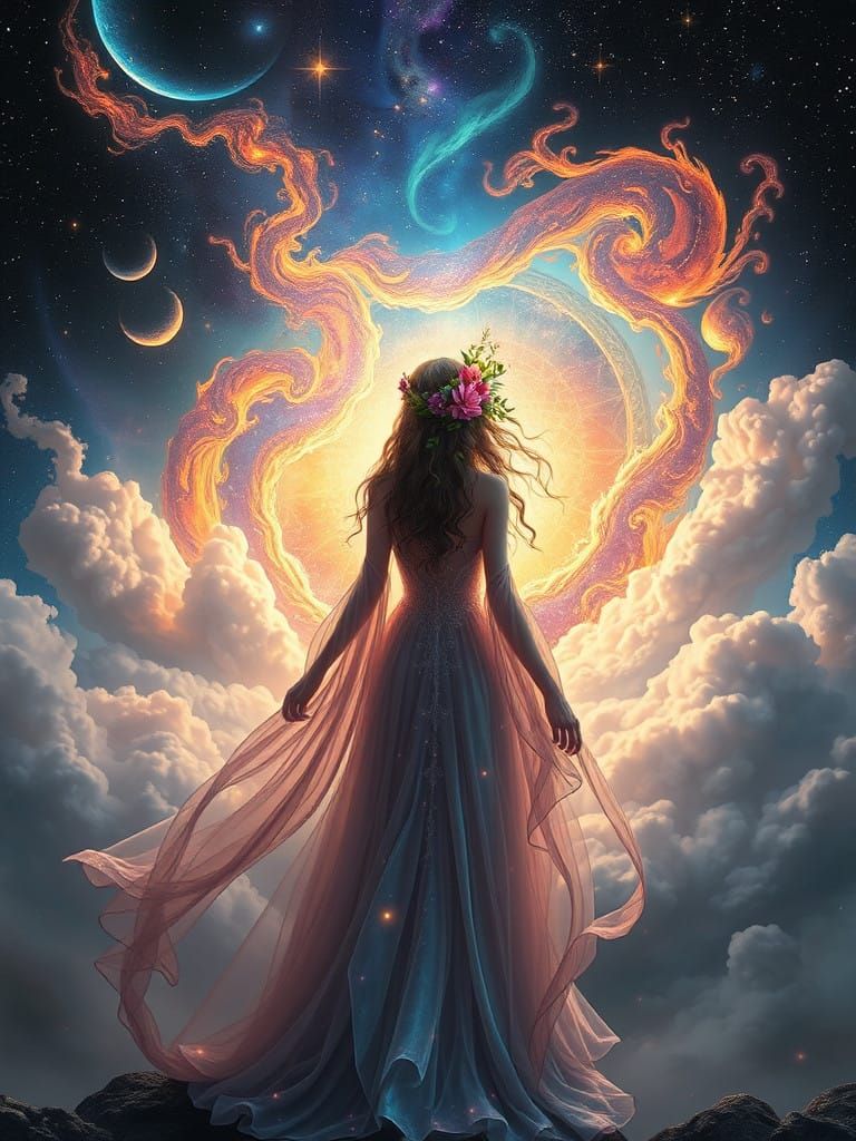 Ethereal Goddess Amidst Cosmic Wonders
