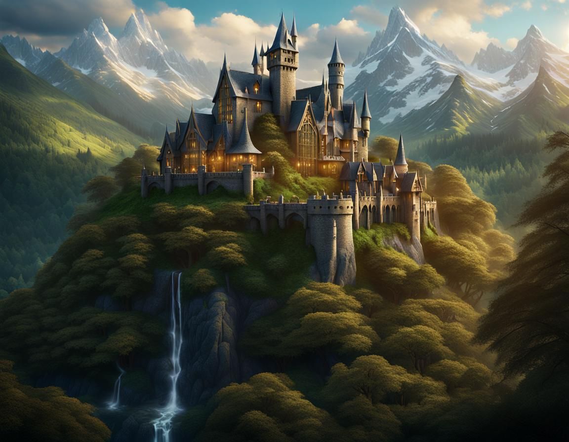 Magical Mountain Castle in Enchanted Forest: 8K Photorealism