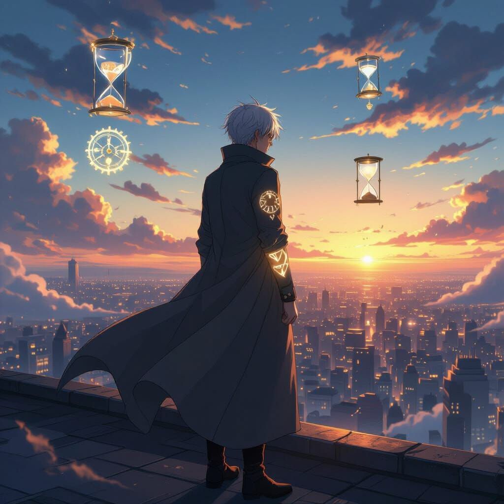 Anime Hero on Rooftop at Sunset