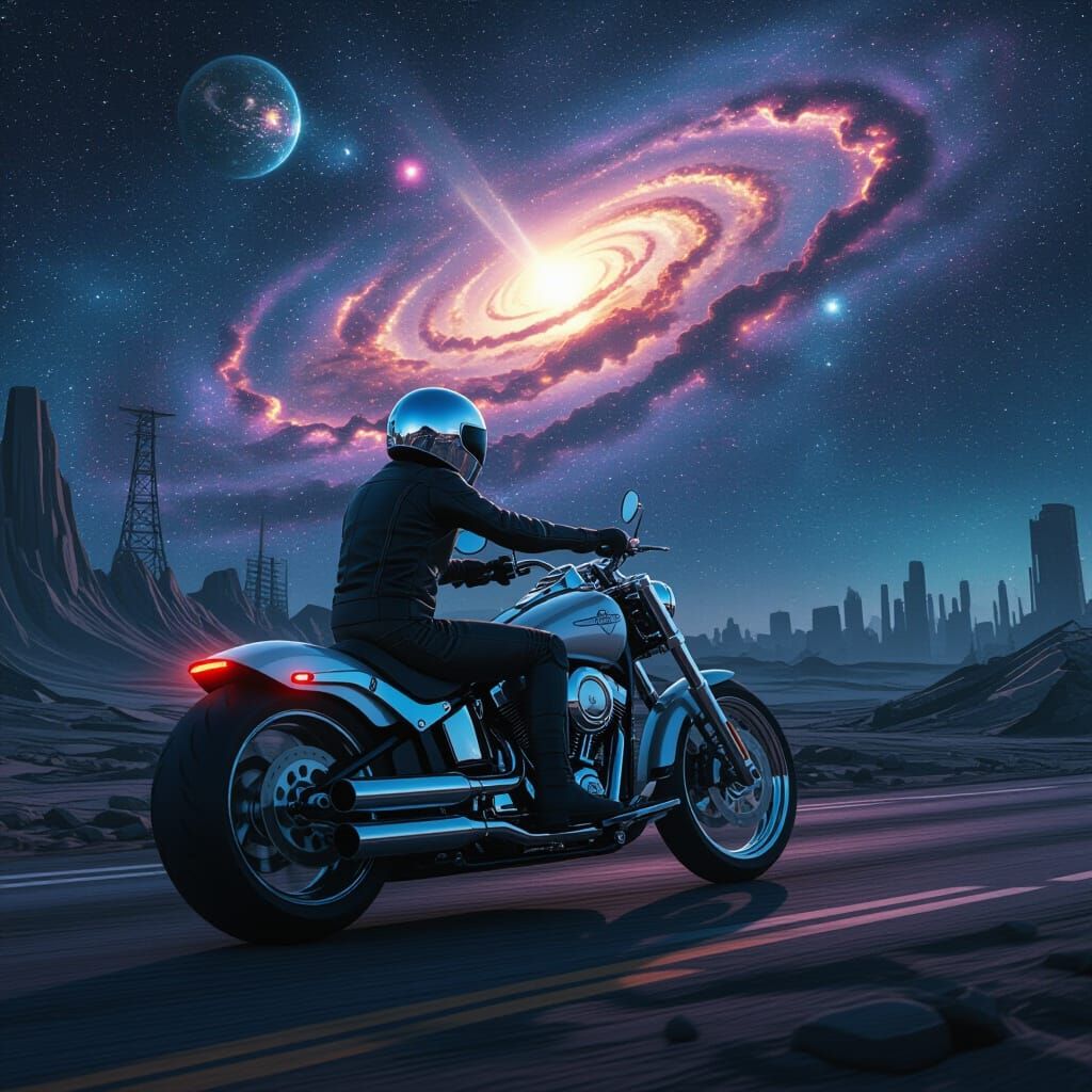 Chrome Biker Rides Through Wasteland in Cosmic Style
