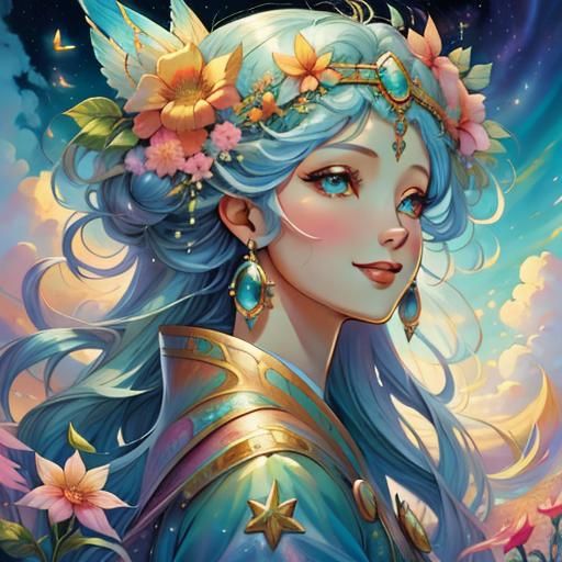 Summer Goddess with Abstract Cloud Background