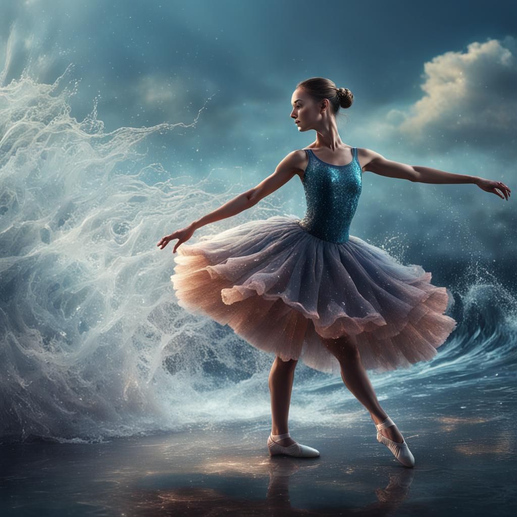 Elegant Ballerina Dancing with Water Tutu, Fantasy Art