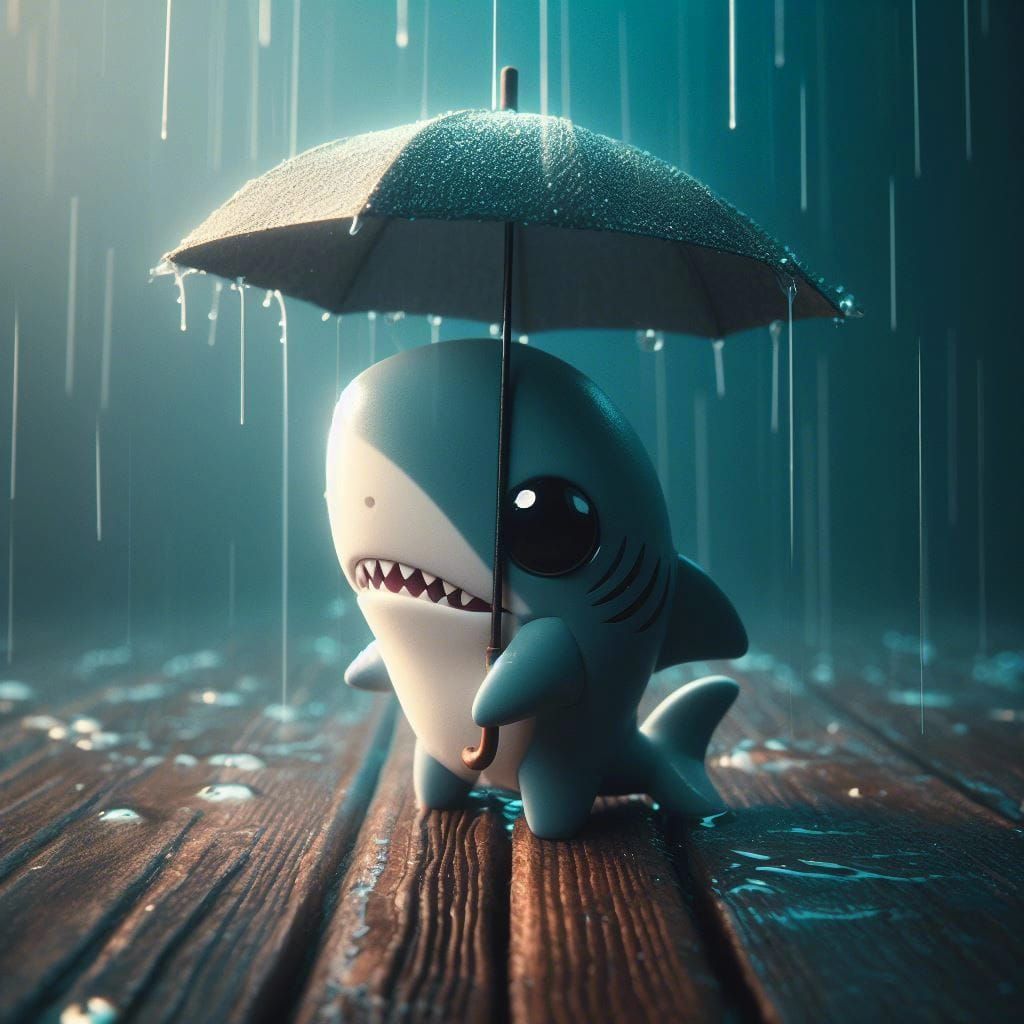 Adorable Shark with Umbrella in Rainy Portrait