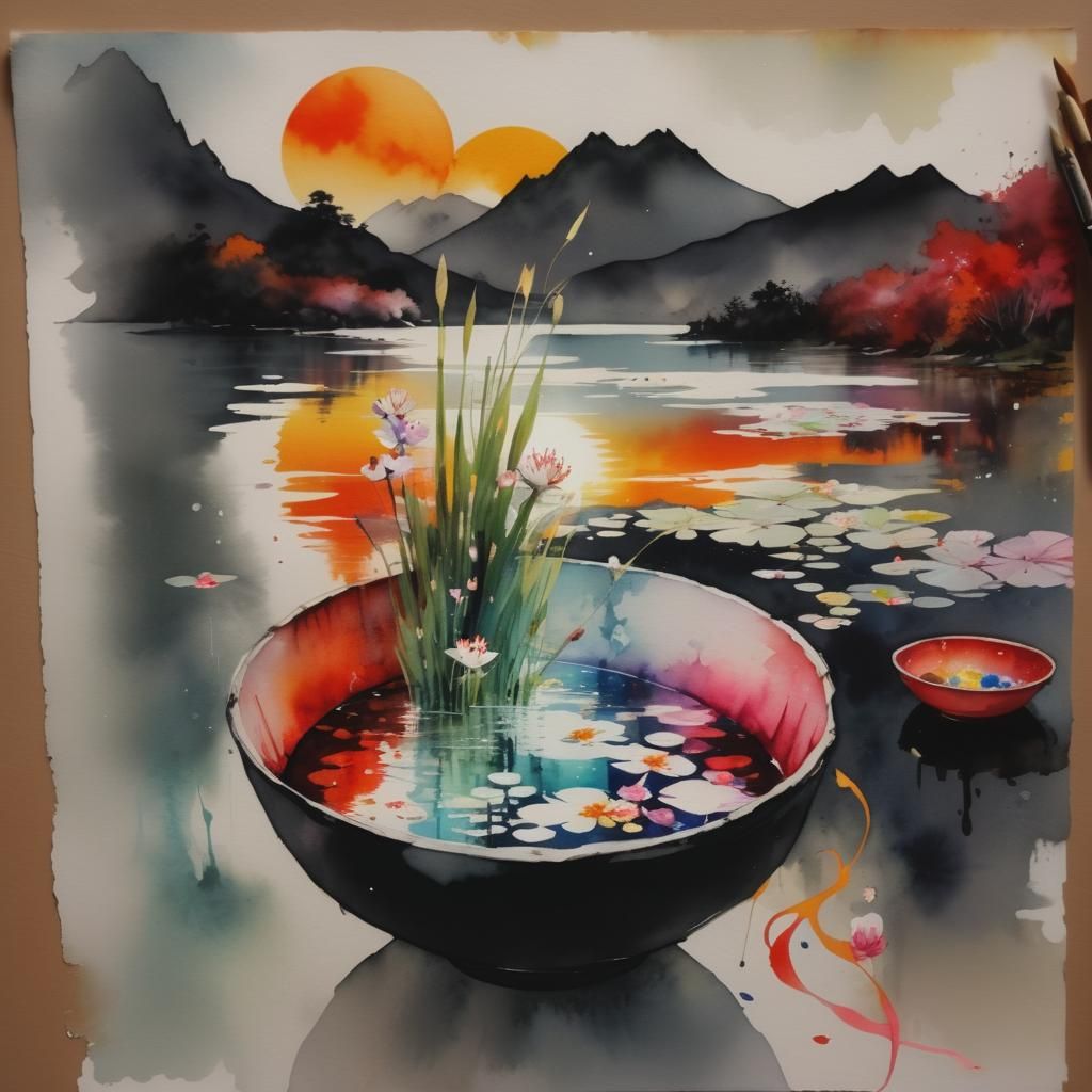 Dreamy Lake Glade in Vibrant Watercolor Art