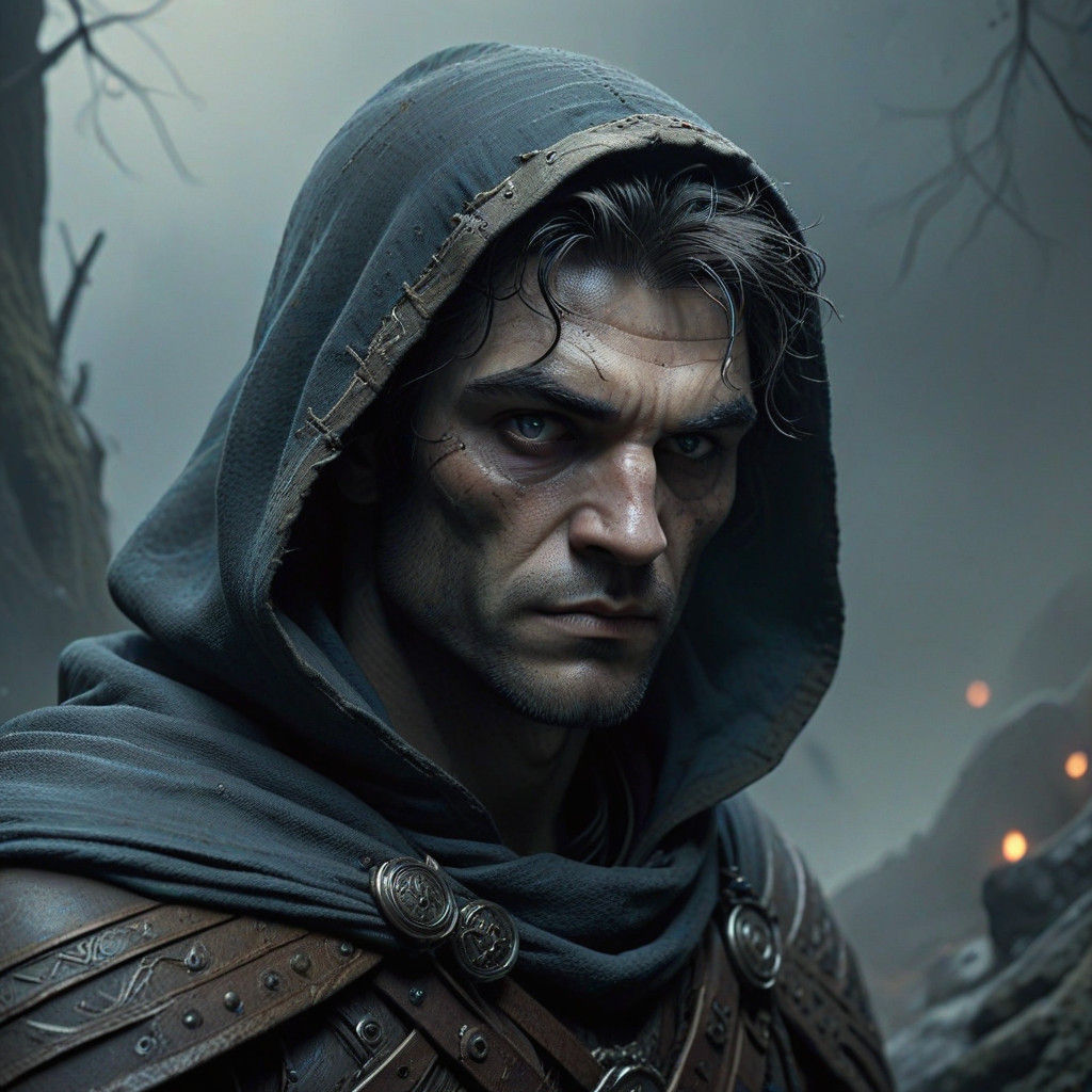 Mysterious Grey Cloaked Rogue in Shadowy Splendor