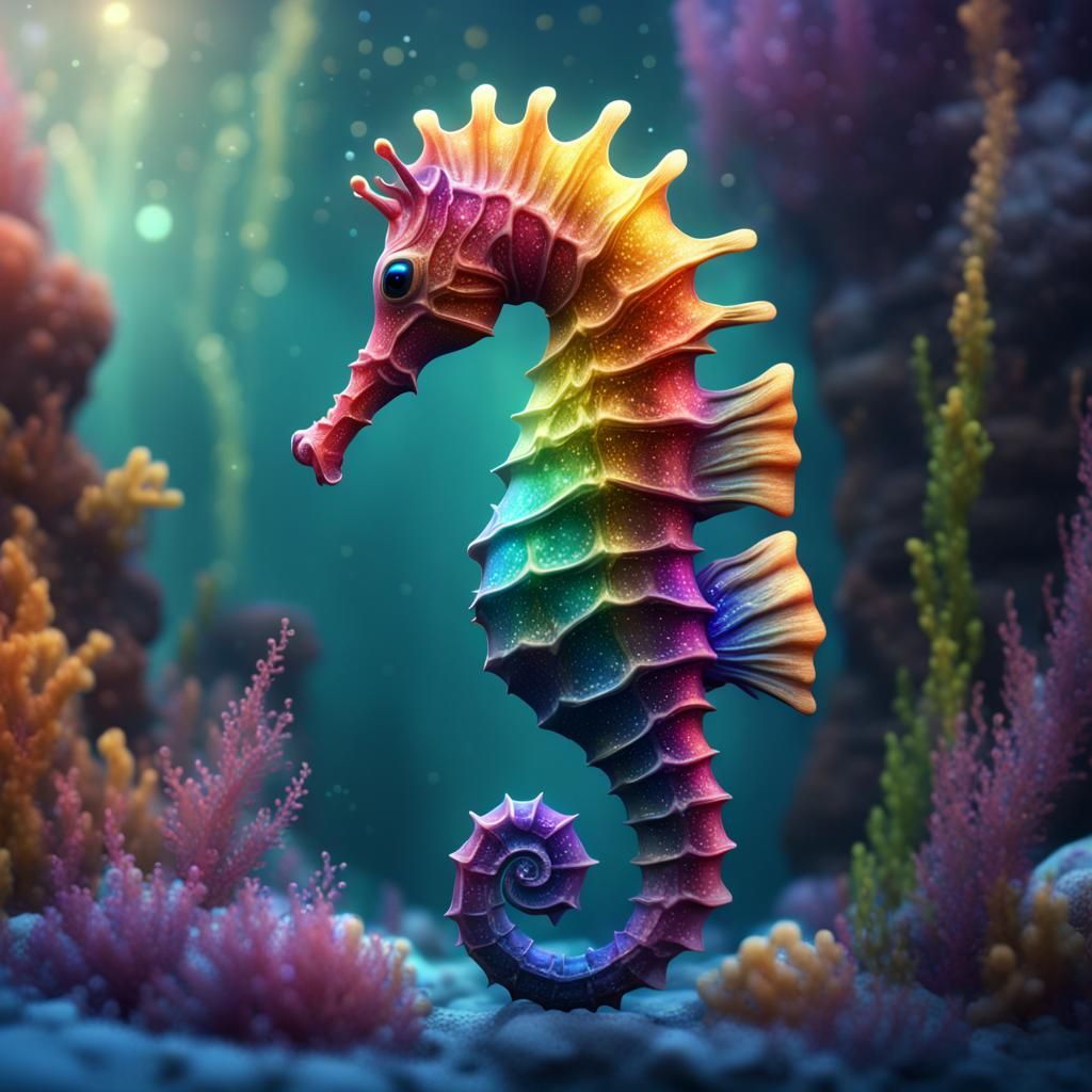 Rainbow Seahorse Sparkles in Detailed Digital Painting