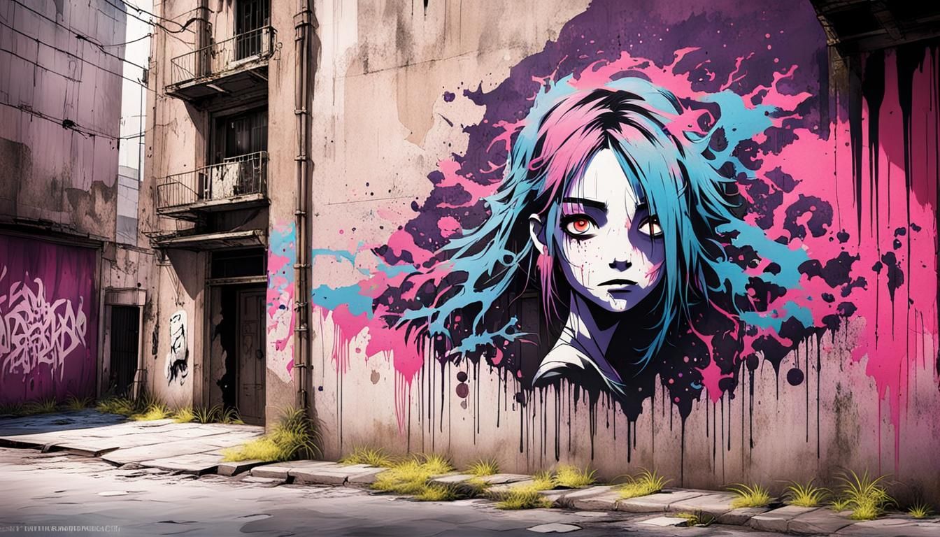 Haunted Anime Girl in Dystopian Graffiti Art