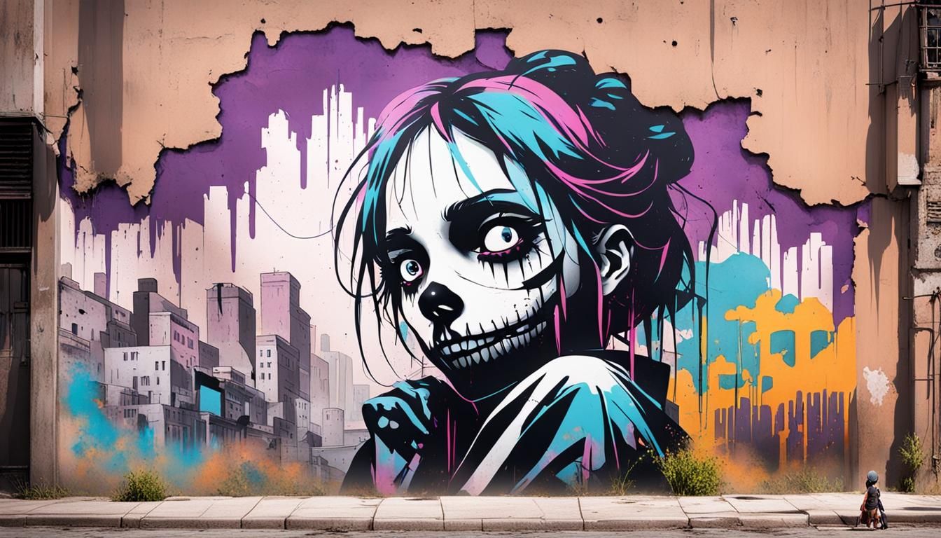 Haunted Anime Girl in Dystopian Graffiti Art