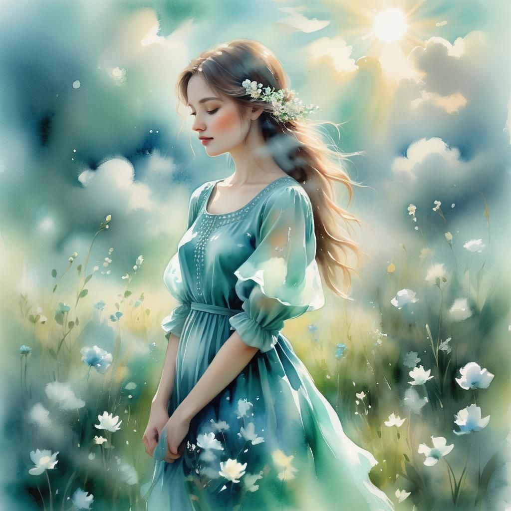 Monochromatic Watercolour: Girl in Lush Meadow