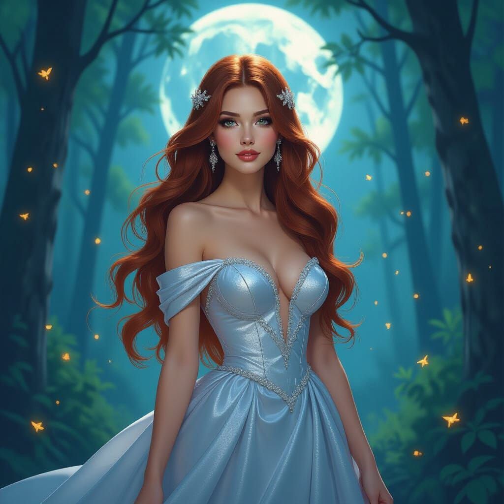 Auburn Haired Woman in Moonlit Forest, Photorealistic Oil Pa...