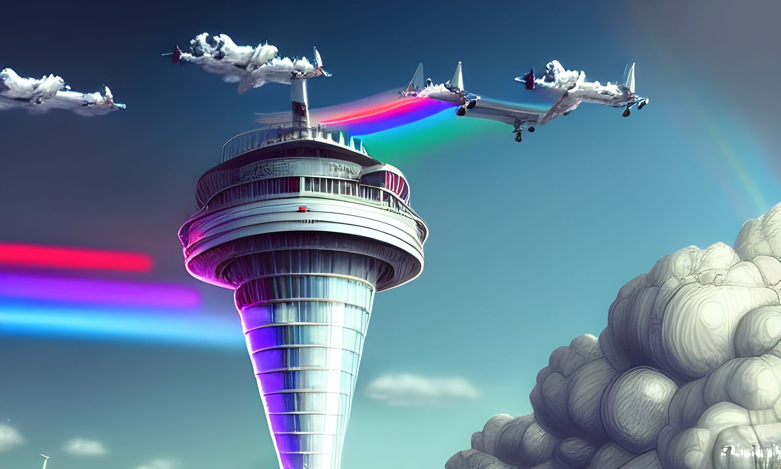 Hyperdetailed ATC Tower with Rainbow Splash Effect