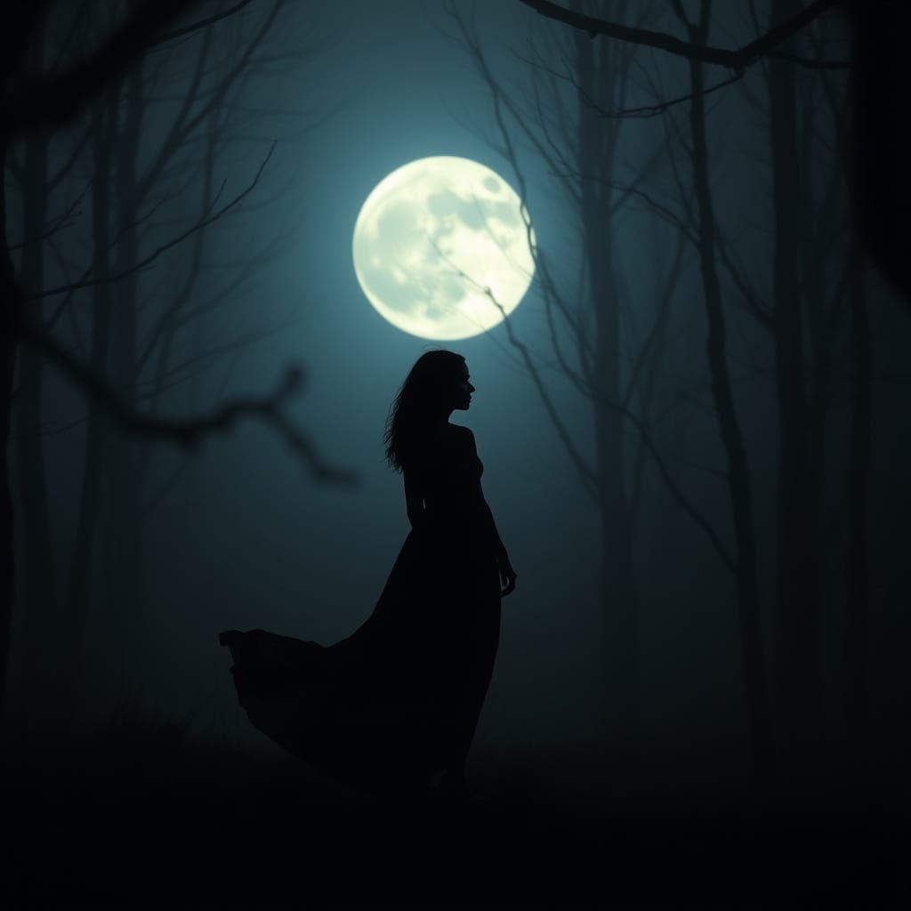 Woman in Black Silhouette Illuminated by Full Moon in Dark F...