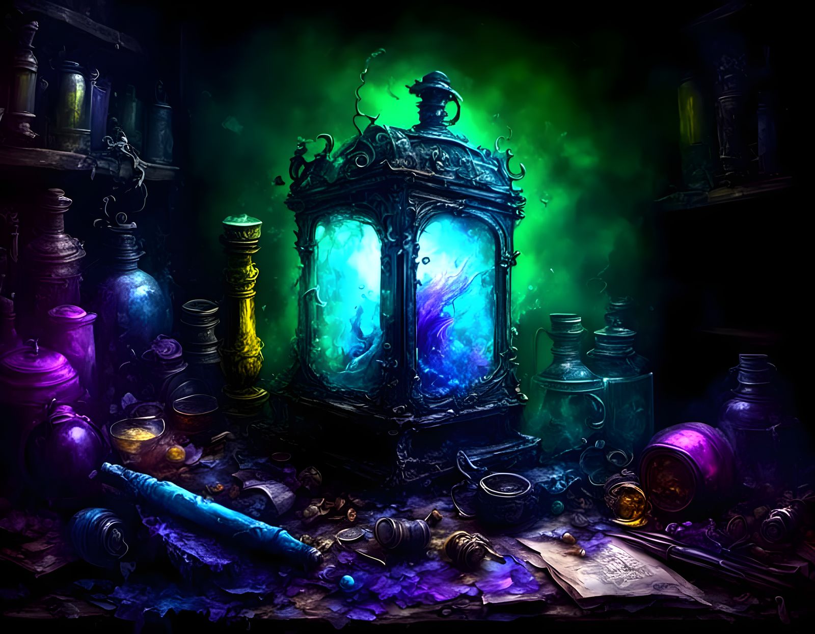 Whimsical Medieval Laboratory Scene with Radiant Lantern