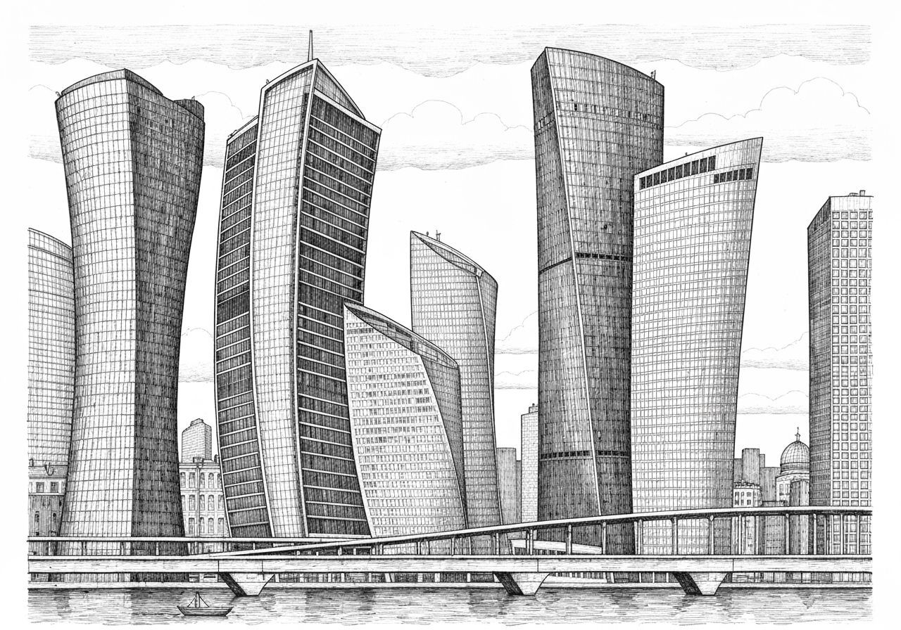Detailed Pen and Ink Moscow Cityscape