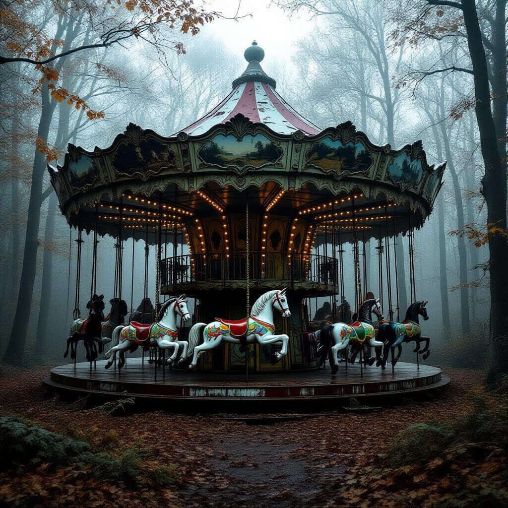 Eerie Abandoned Carousel in Autumn Forest