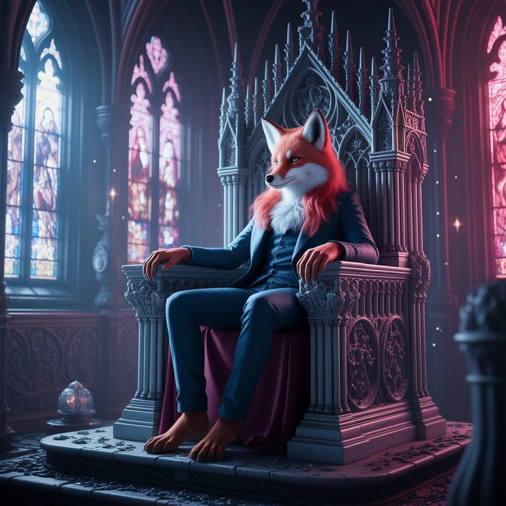 Fox on Bone Throne in Cathedral, Biomechanical Art