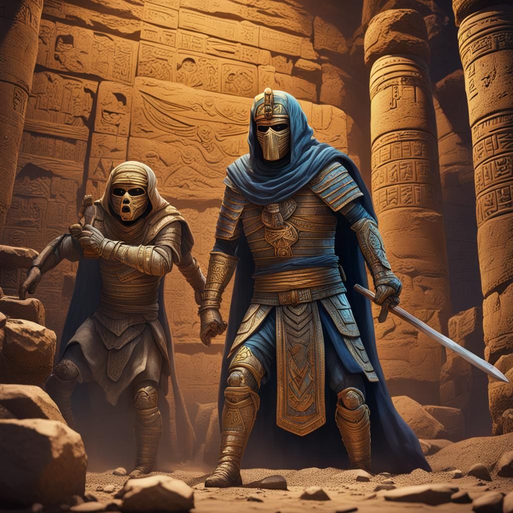 French Crusader vs Egyptian Mummy: Ink Drawing