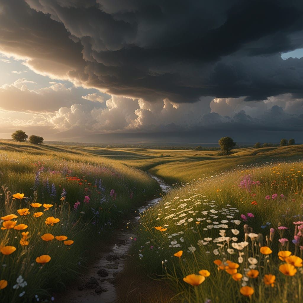 Wildflower Field Bends Under Summer Rain: Digital Oil Painti...