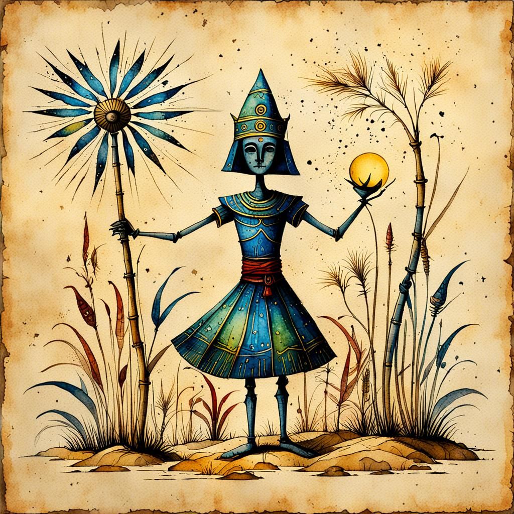 Mystical Illustration on Vintage Papyrus in Watercolor